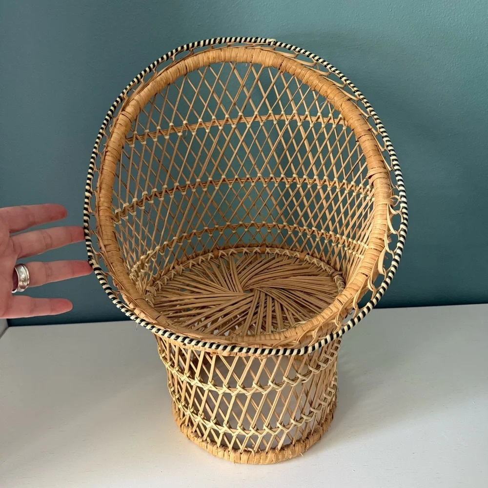 Vintage Wicker Woven Peacock Chair Rattan Woven Doll Chair Plant Stand